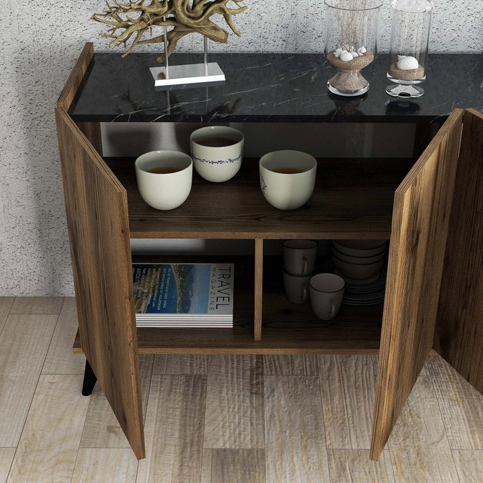 Hanah Home Consola Elegante 1604 Nogal y Mármol Negro, 180x80.8x45 cm, Estilo Bohemio
